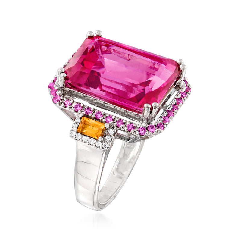 Sterling silver ring with pink emerald-cut gemstone, purple halo, orange baguette accents