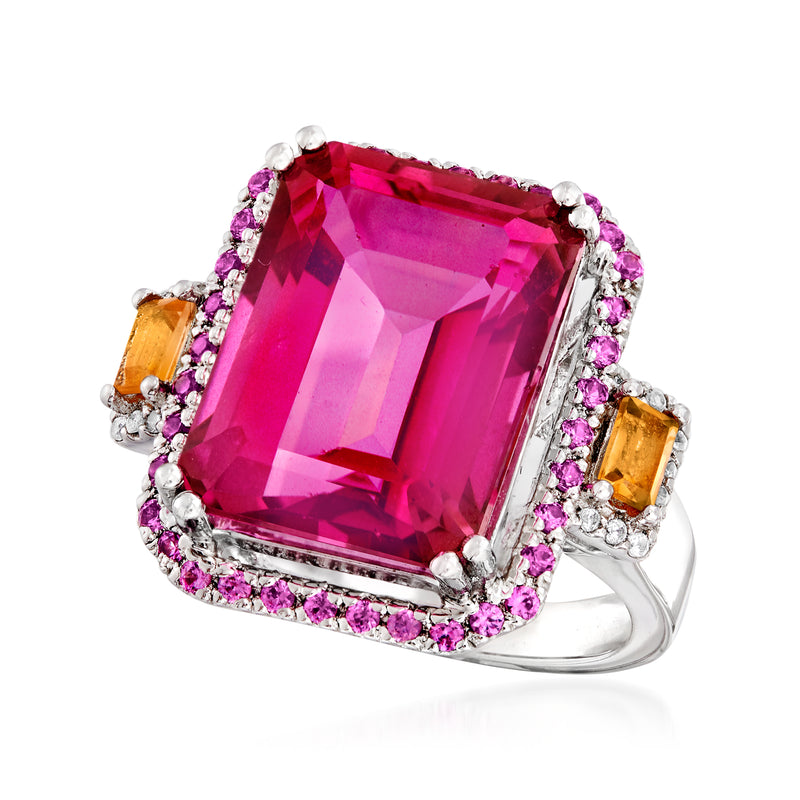 Sterling silver ring with large pink rectangular center stone, purple halo, orange side stones