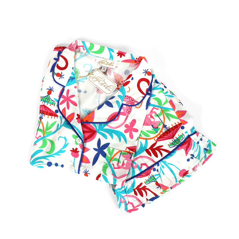 Colorful monkey satin pajama set with button-up top and ruffled capri shorts