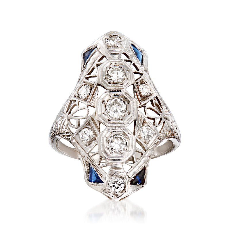 Vintage white gold openwork diamond ring with blue sapphire accents