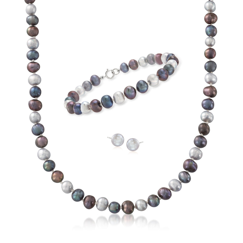 Multicolored cultured pearl necklace with matching stud earrings in sterling silver