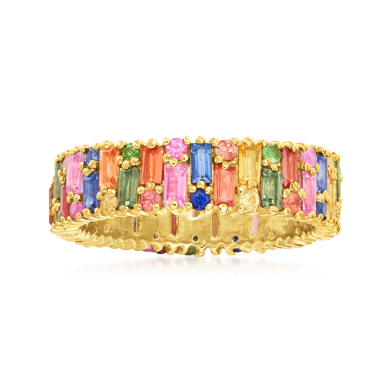 Gold-tone ring with multicolored sapphire-like gemstones in a baguette-style row