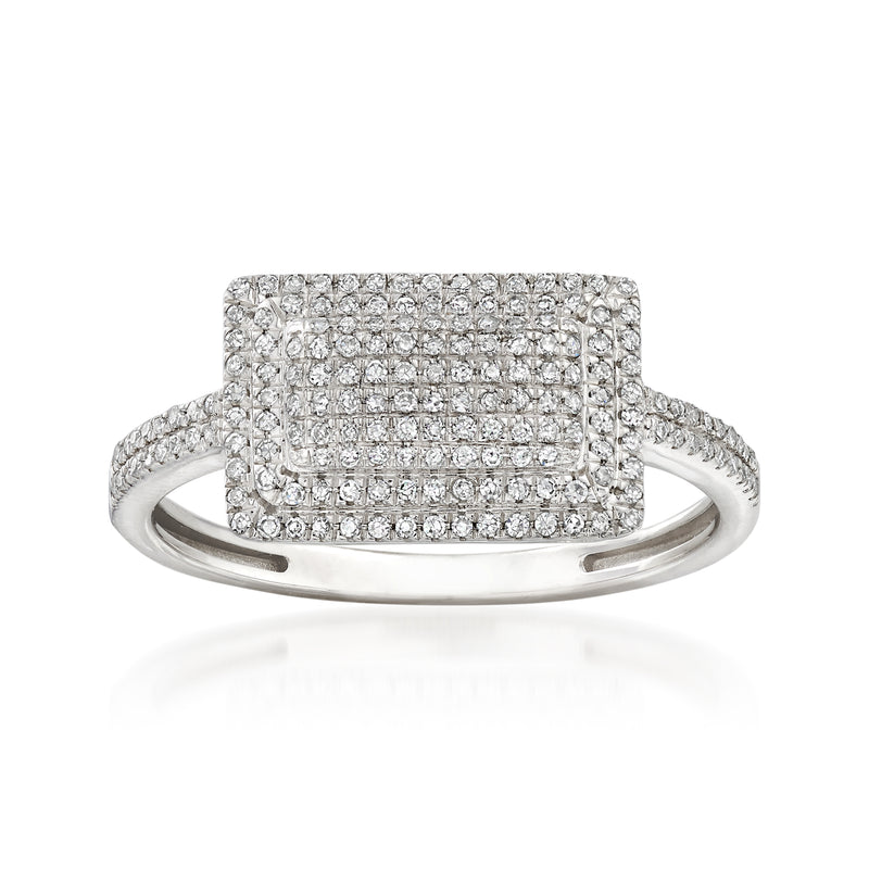 Rectangle pave diamond ring in 14kt white gold, slender band with sparkling diamond border