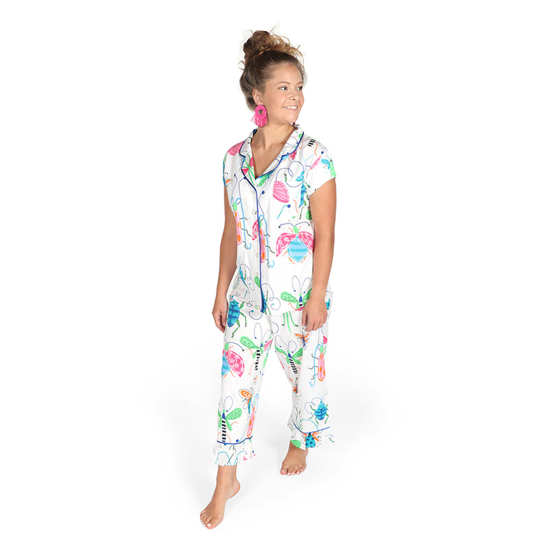 Girls' capri pajama set with short-sleeve button front and colorful animal print