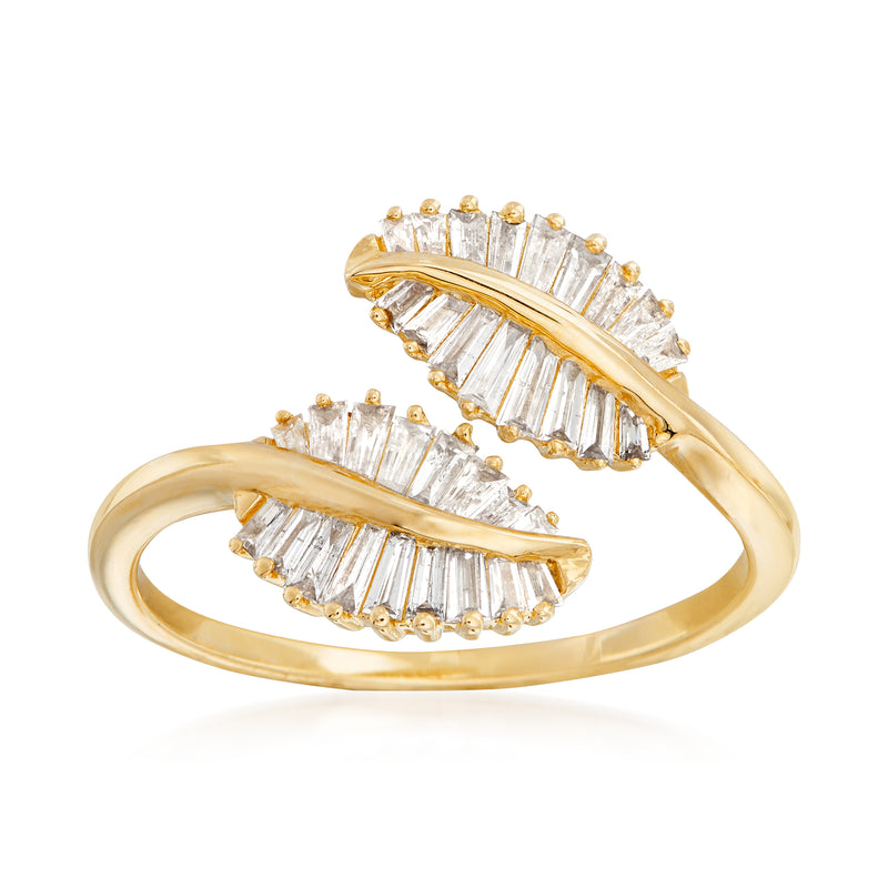 14kt yellow gold leaf bypass ring with baguette-cut diamond accents, curved bands