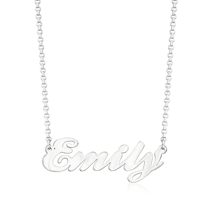 Sterling silver cursive name necklace with thin chain, engraved 'Emily' pendant