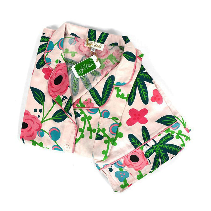 Botanica satin capri pajama set with pink and green floral print, button-front top