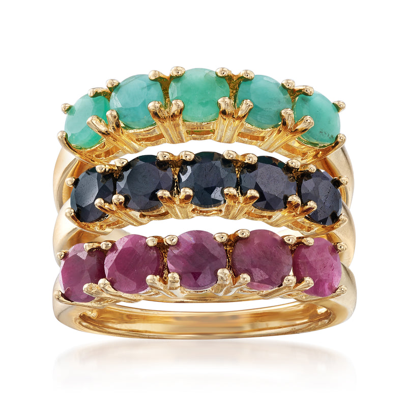 Three-ring stack ring, gold-tone with turquoise, black, and purple gemstones