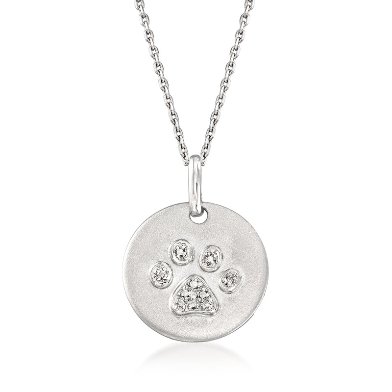 Sterling silver paw print disc pendant with diamond accents, on chain
