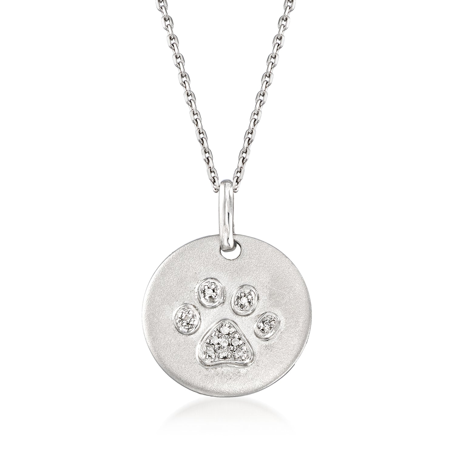Diamond Paw Print Disc Pendant Necklace in Sterling Silver