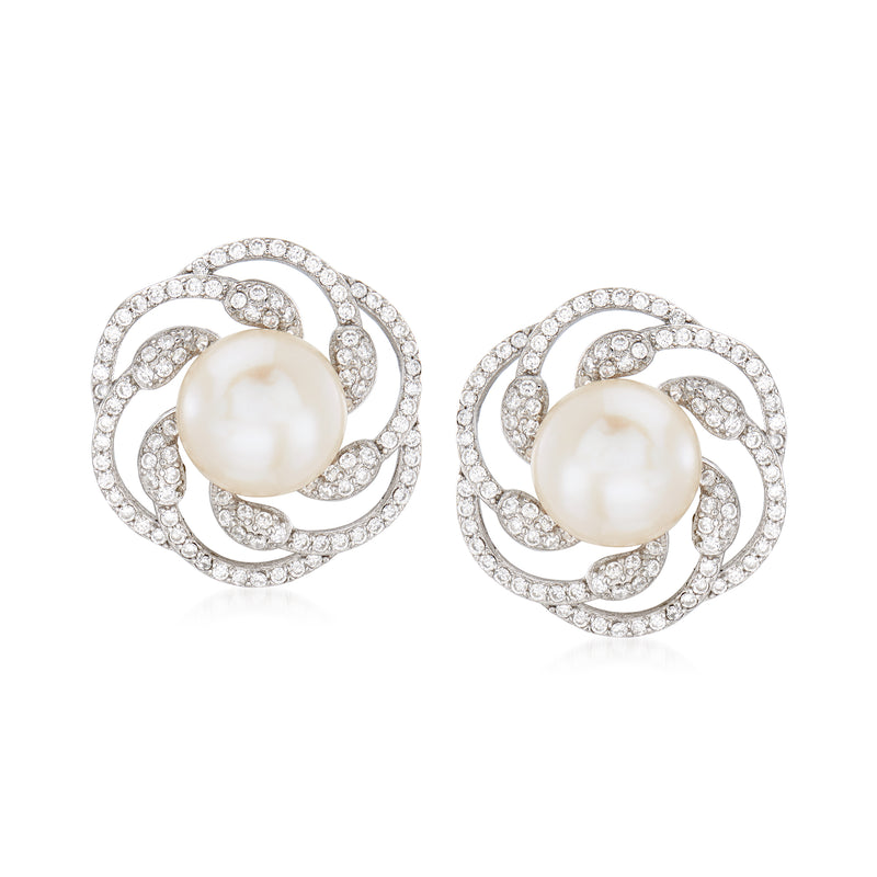 Sterling silver swirl CZ stud earrings with white cultured pearl