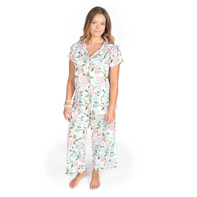Floral sateen pajama set with short-sleeve V-neck top and matching capri pants