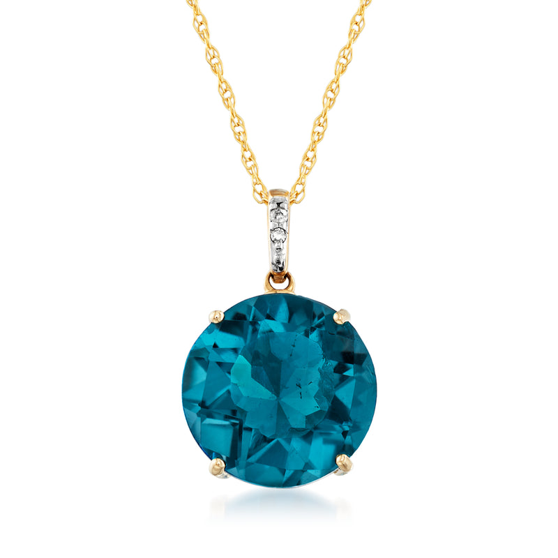 14kt yellow gold pendant necklace with round blue topaz and diamond accents