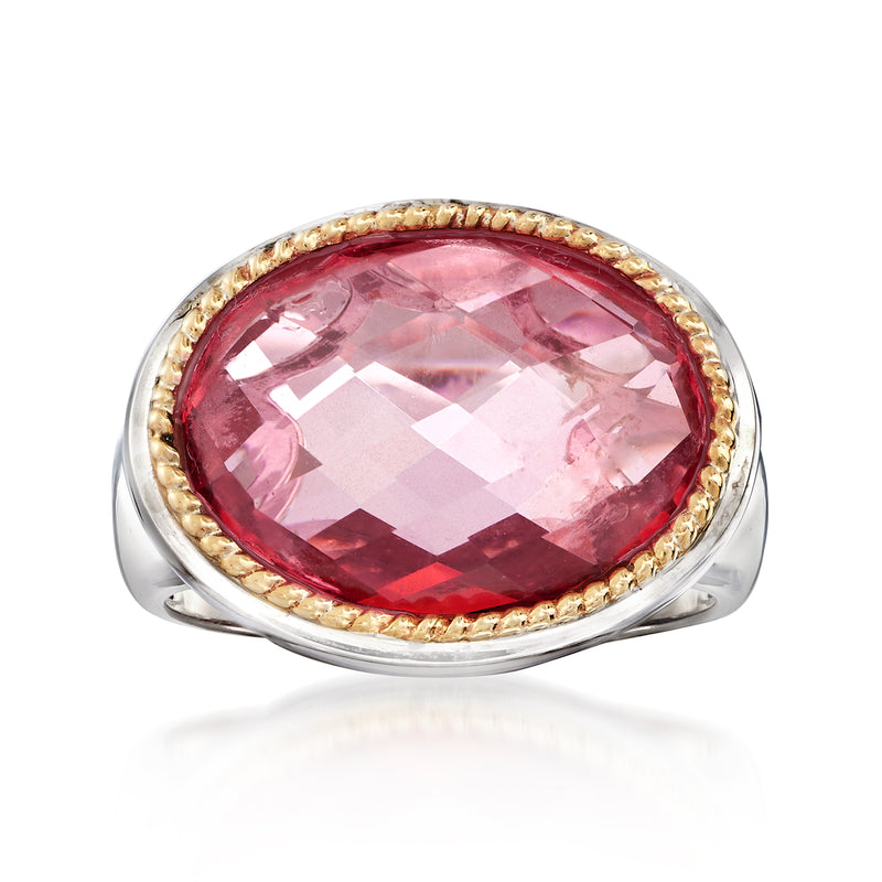 Oval pink quartz ring with sterling silver band and 14kt yellow gold bezel