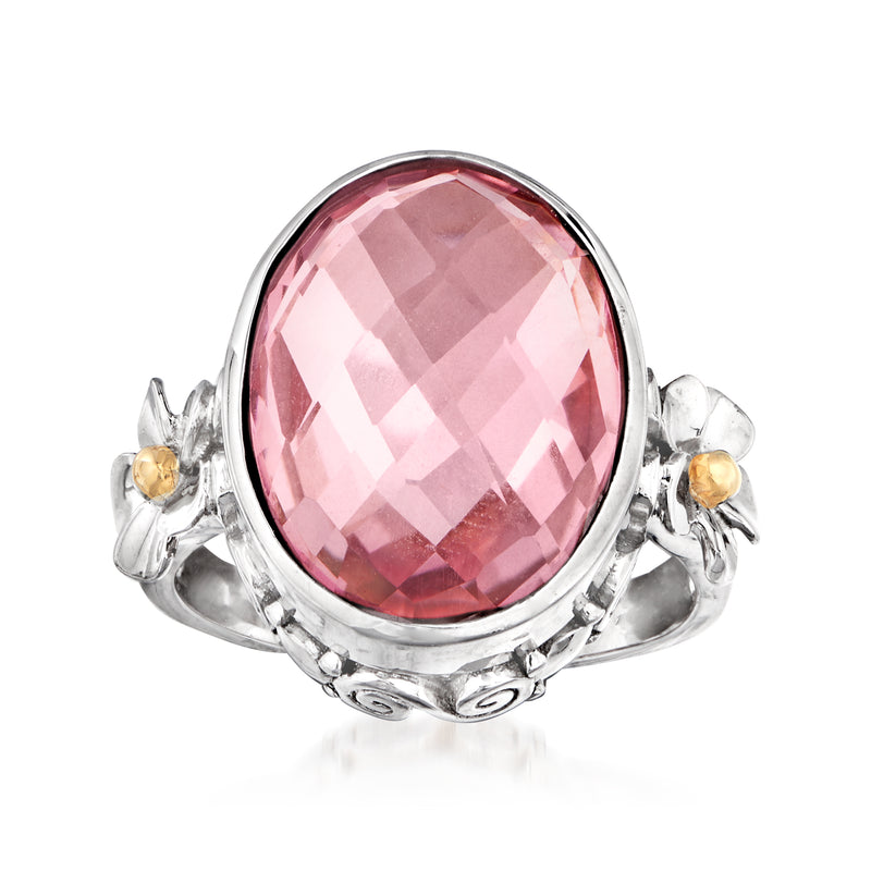 Sterling silver floral ring with large oval pink quartz center and small gold accents