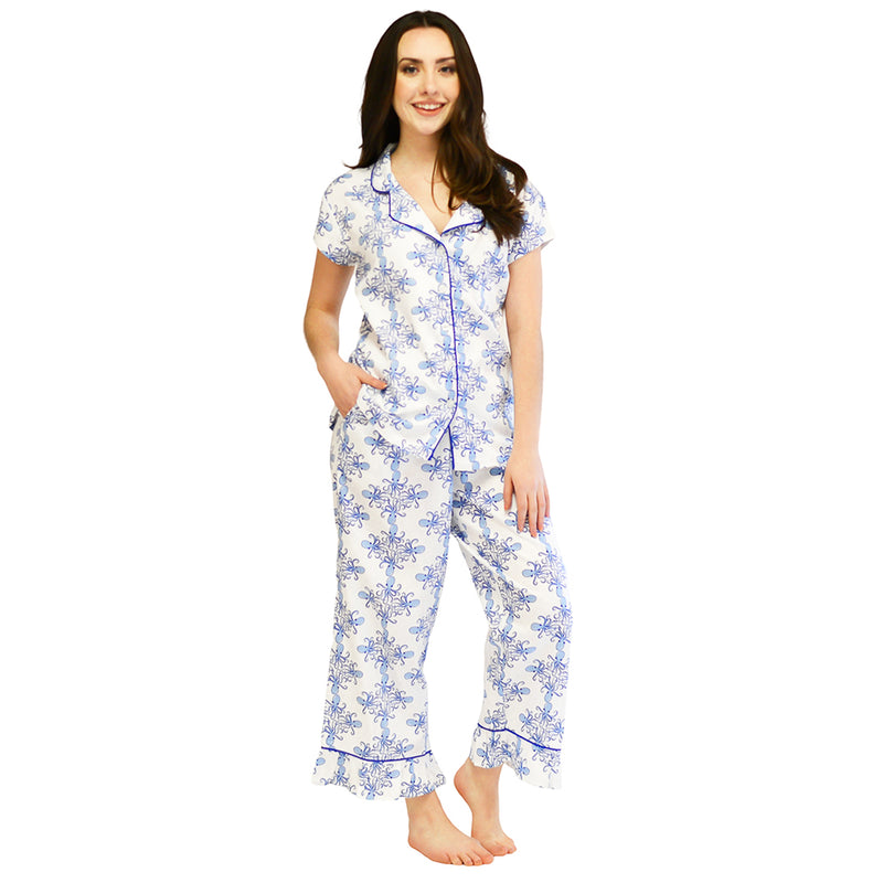 Sea life satin capri pajama set with short-sleeve button top and printed capri pants