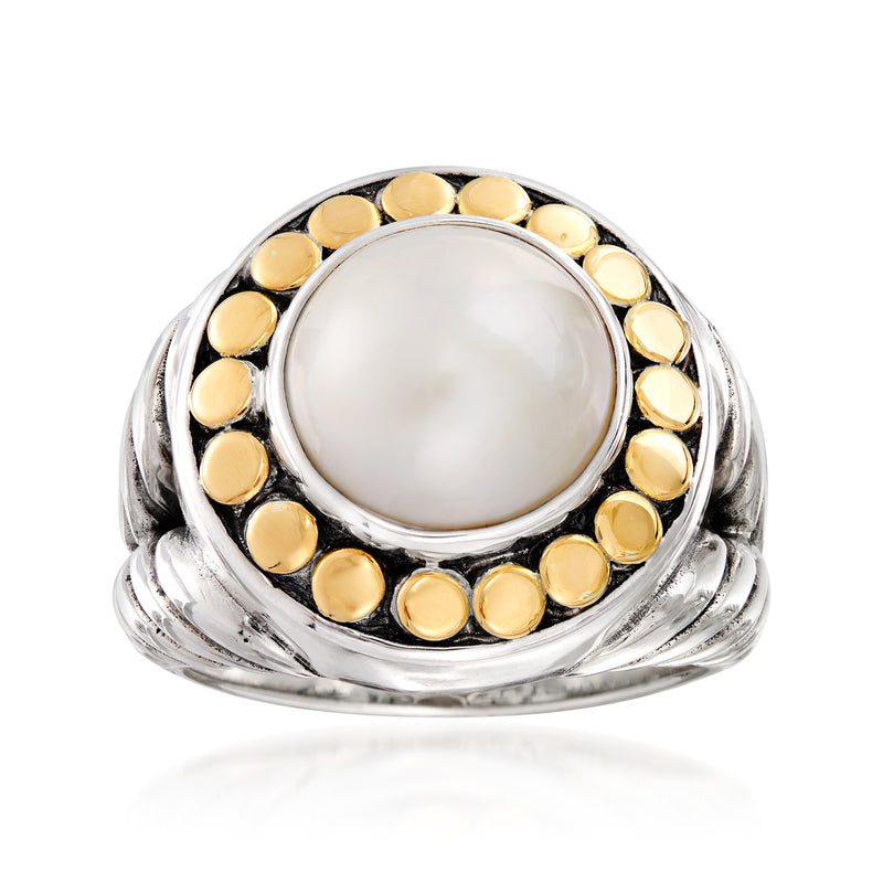Mabe pearl ring with round white pearl, yellow gold bezel dots and sterling silver band