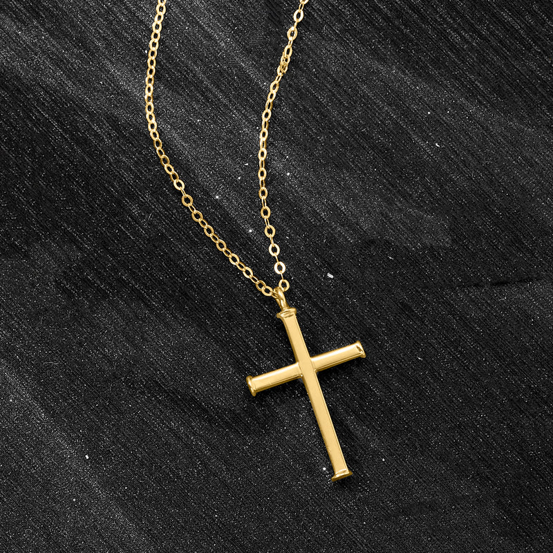 Polished yellow gold cross pendant necklace with curved link chain