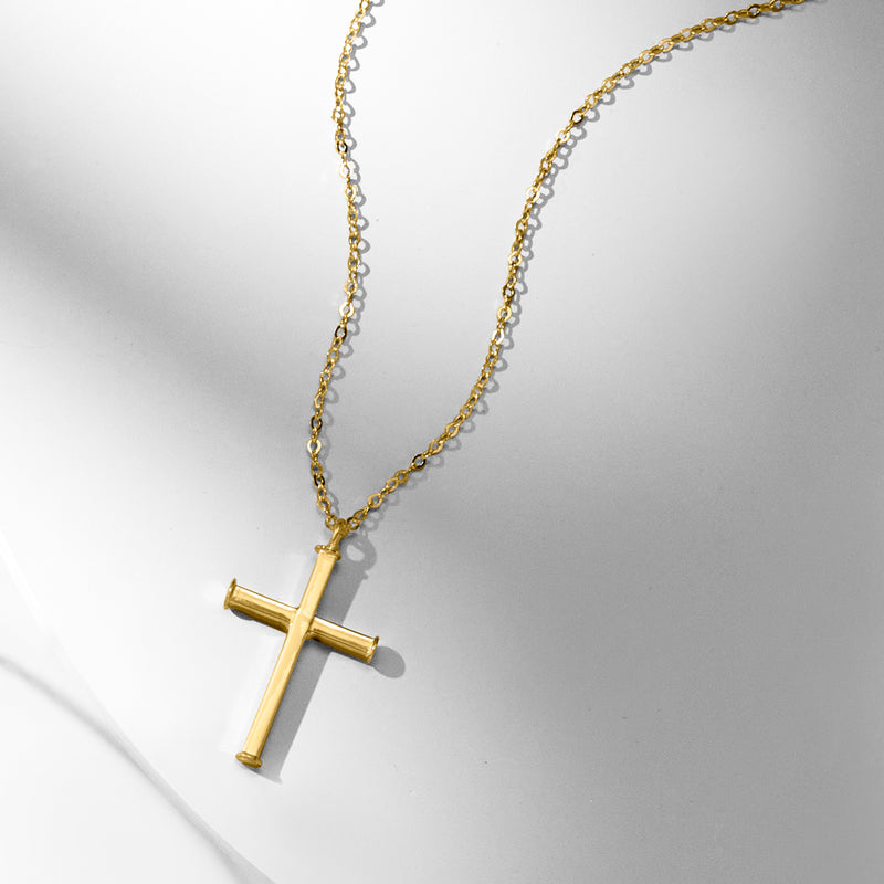14kt yellow gold cross necklace with long link chain and centered pendant