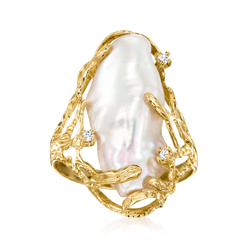 Cultured baroque pearl ring in 14kt yellow gold with diamond accents, front view