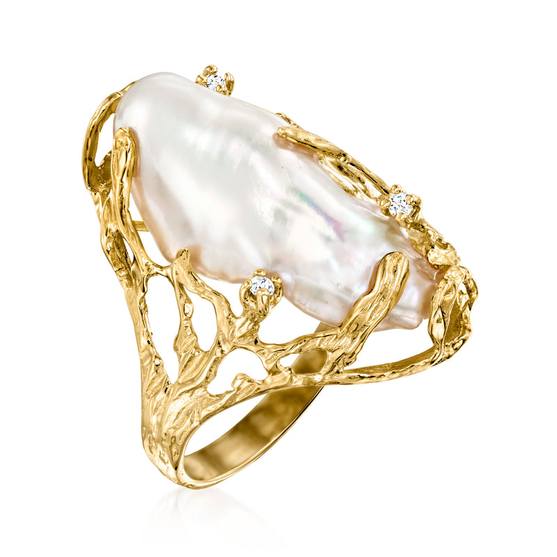 Cultured baroque pearl ring in 14kt yellow gold with diamond accents, side view