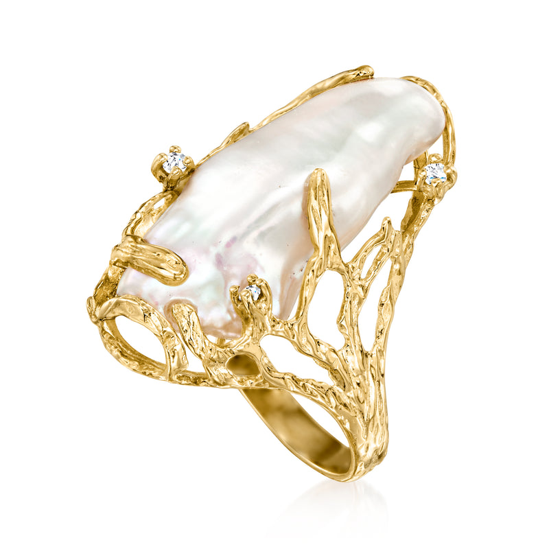 Cultured baroque pearl ring in 14kt yellow gold with diamond accents, angled view