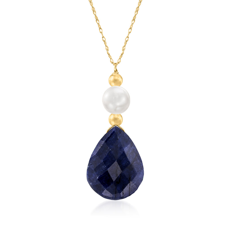 14kt yellow gold necklace, white pearl and blue sapphire teardrop pendant