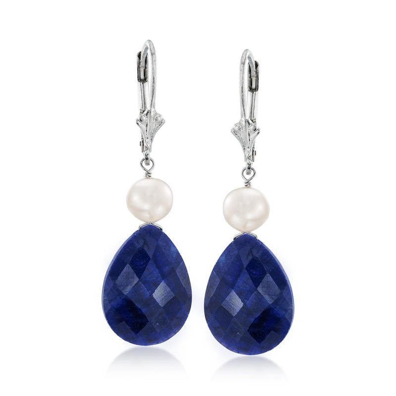 Sterling silver leverback drop earrings with white pearl tops and deep blue sapphire teardrops