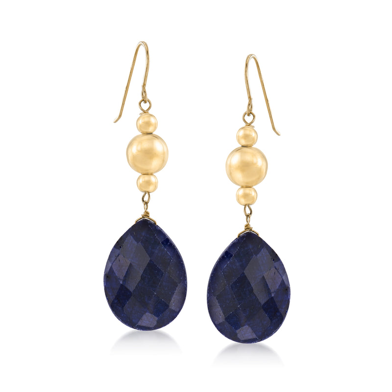 14kt yellow gold sapphire drop earrings with pear-cut blue stone