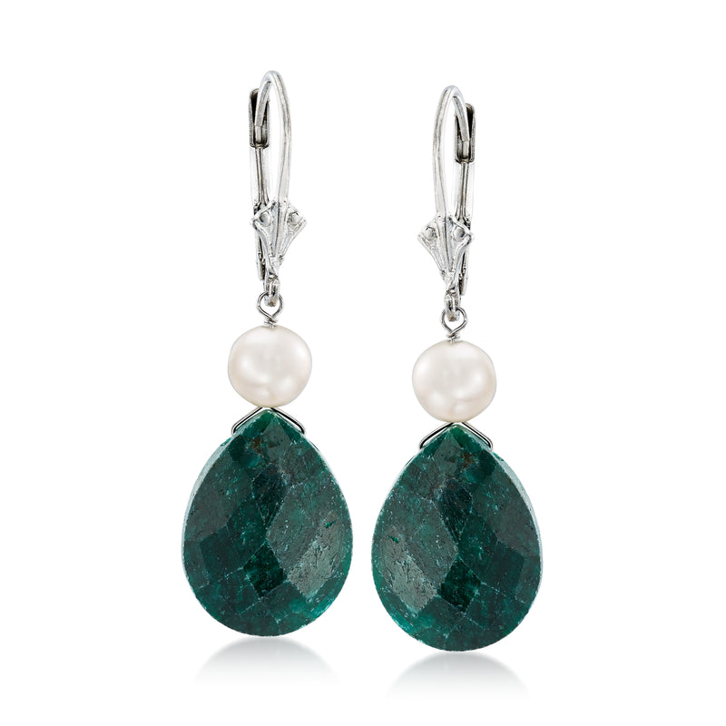 Sterling silver leverback drop earrings with cultured pearl and deep green teardrop gemstone
