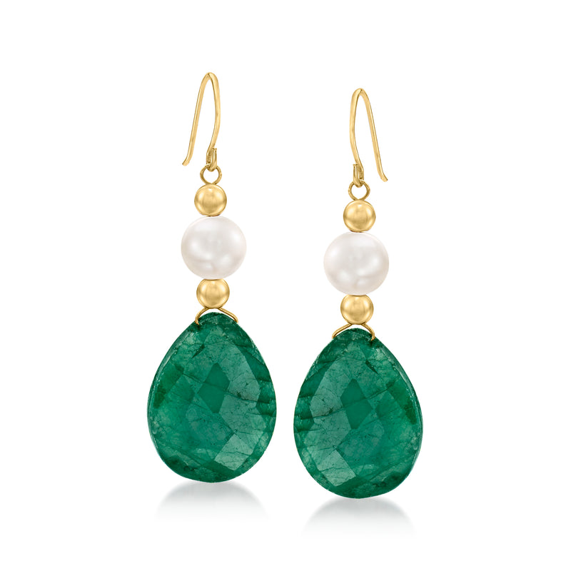 14kt yellow gold drop earrings with white cultured pearls and green emerald teardrops