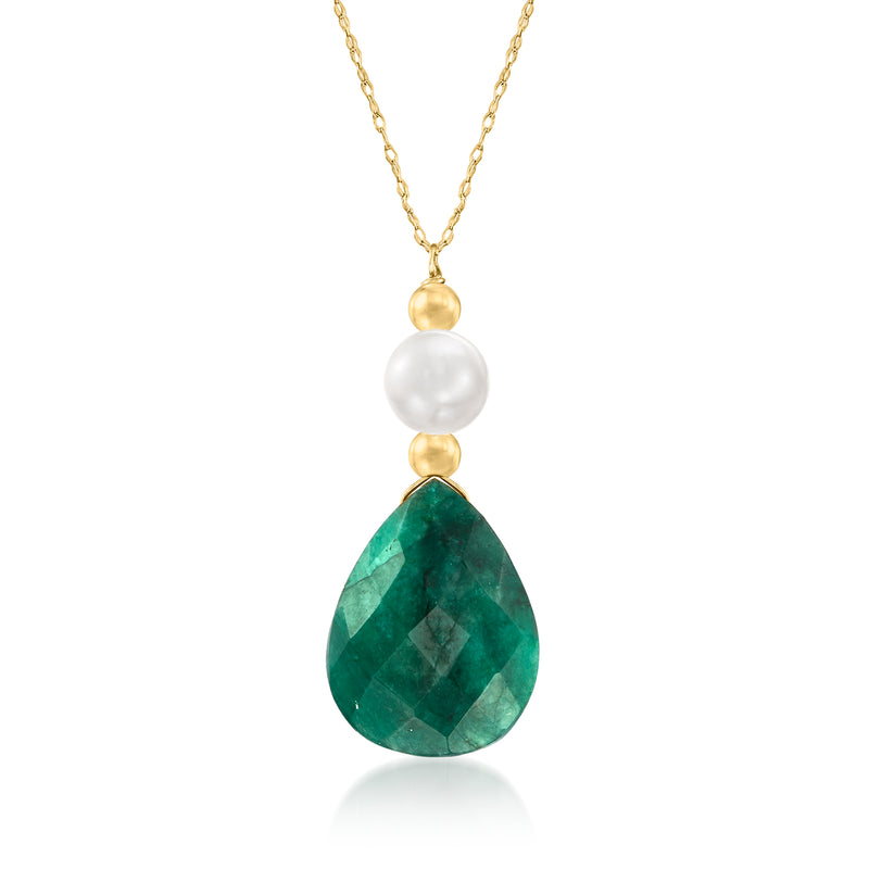 Yellow gold necklace with pearl and emerald teardrop pendant