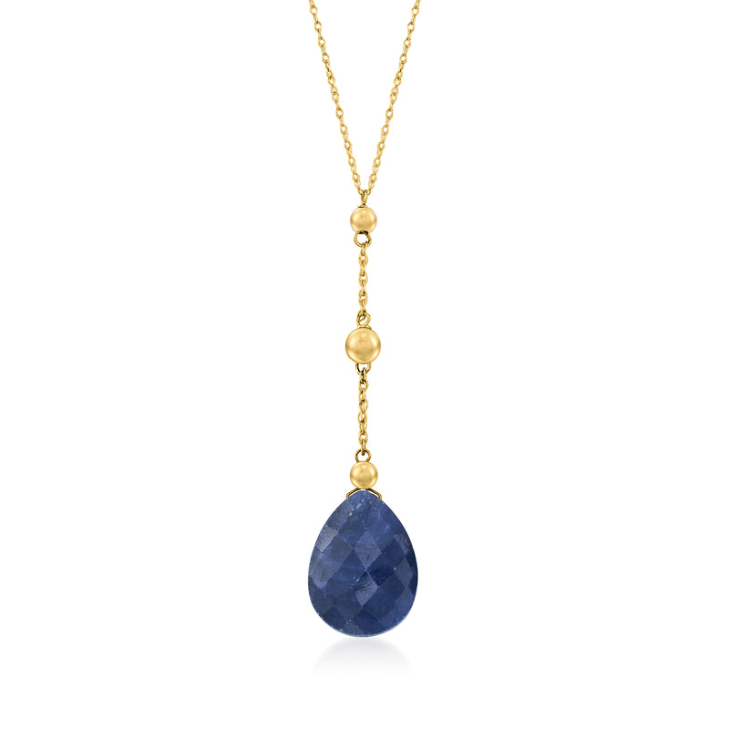 14kt yellow gold Y-necklace with sapphire teardrop pendant, small gold bead accents