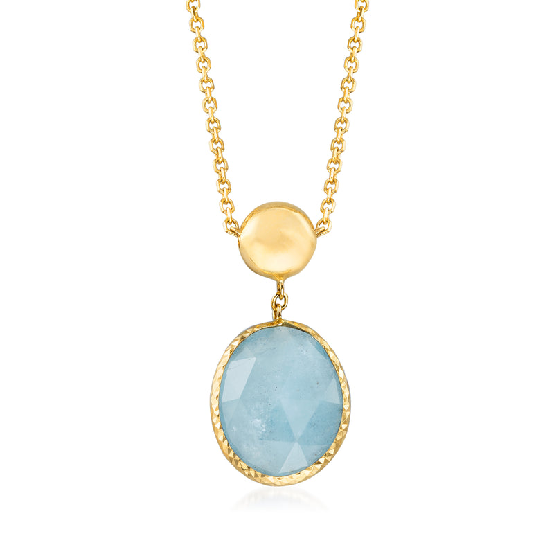 14kt yellow gold aquamarine pendant necklace with round blue gemstone
