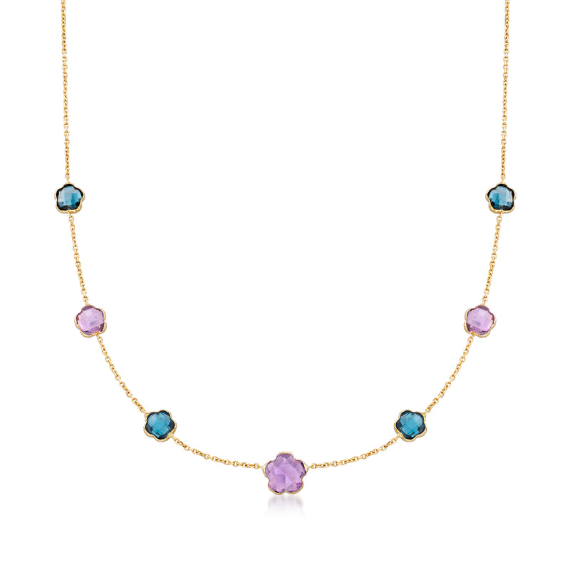 14kt yellow gold station necklace with clover charms in blue topaz and amethyst
