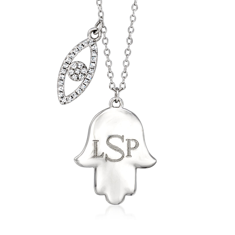 Sterling silver evil eye CZ and personalized hamsa hand necklace with engraved 