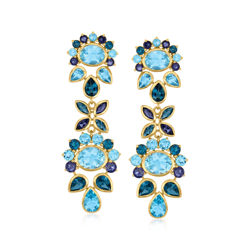 Gold-tone drop earrings with oval light-blue stones and leaf-shaped accents