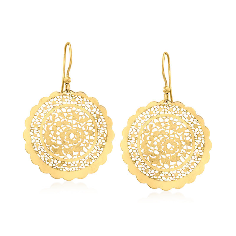 14kt yellow gold floral lace drop earrings with round scalloped filigree and earwire