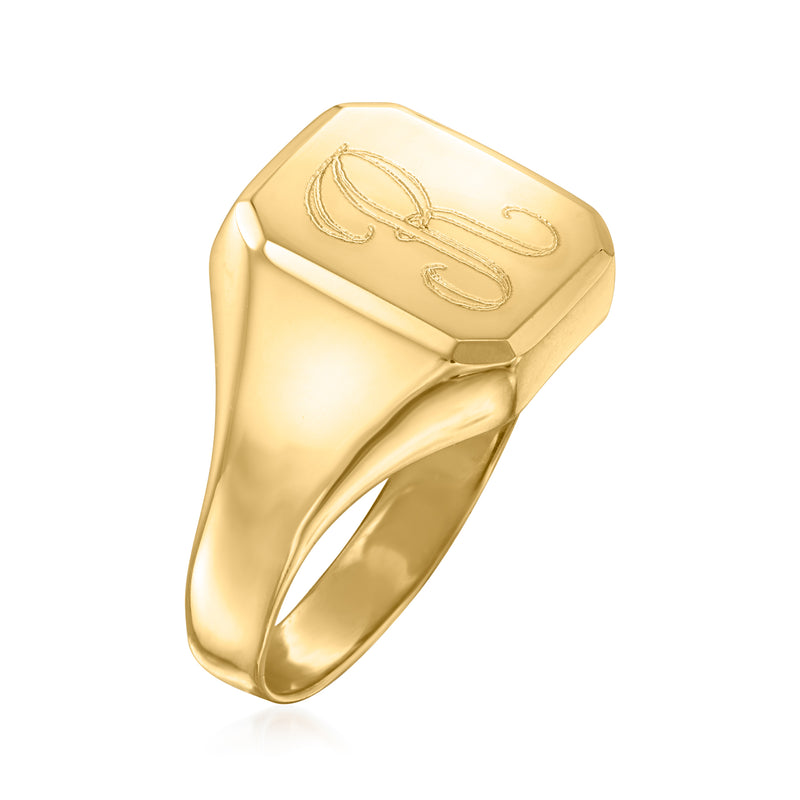 14kt yellow gold signet ring, side view with engraved monogram detail