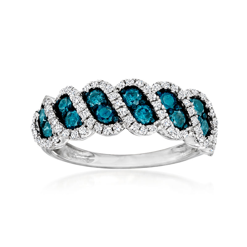 Sterling silver diamond-look ring with five blue oval stones in white halos
