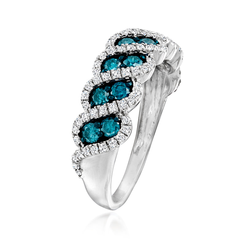 Sterling silver ring with three blue oval stones and sparkling white side halos