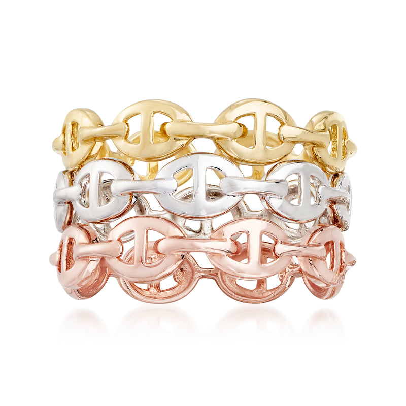 Tri-colored 14kt gold marine-link stackable rings, three interlocking bands