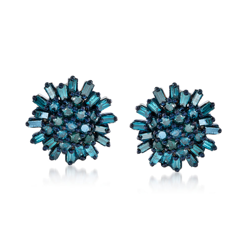 Blue diamond cluster stud earrings in sterling silver