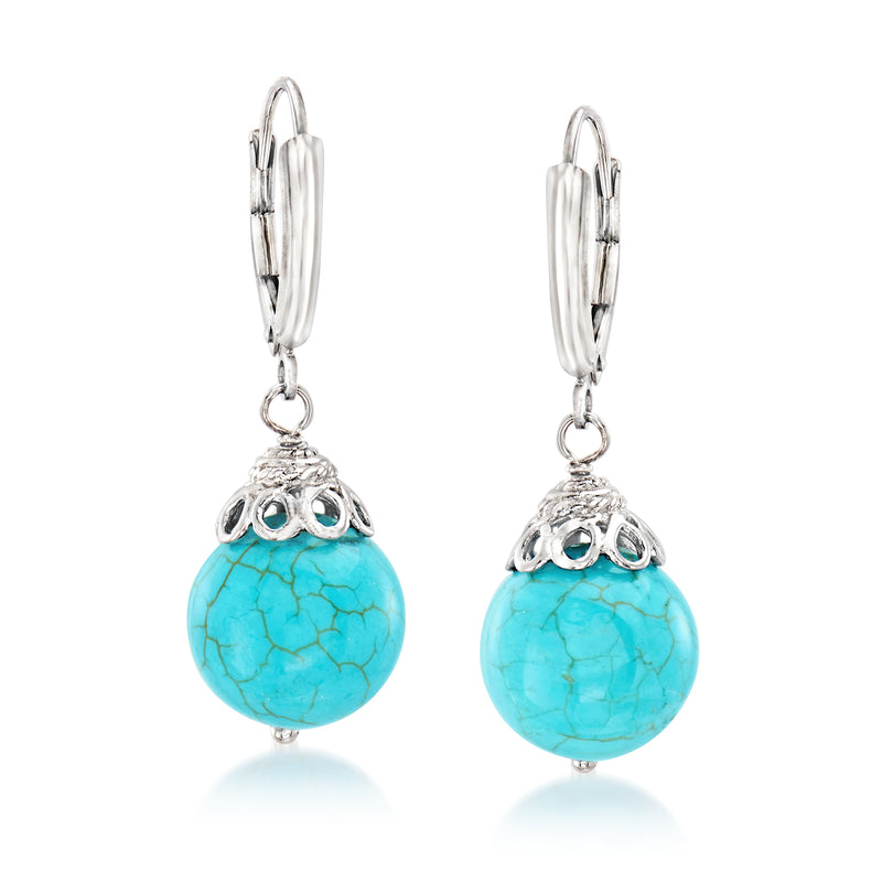 Turquoise drop earrings, sterling silver leverback with dangling round cabochon