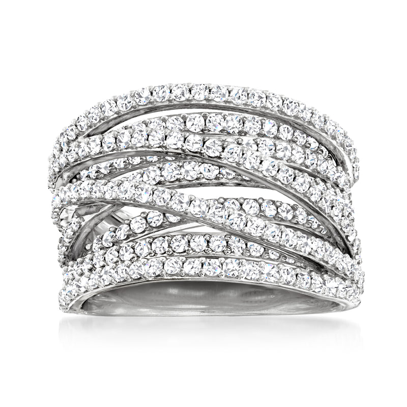 Sterling silver diamond highway ring with multiple rows of round stones