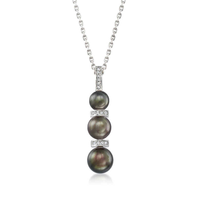 Sterling silver necklace with black cultured pearls and diamond accents, chain with clasp