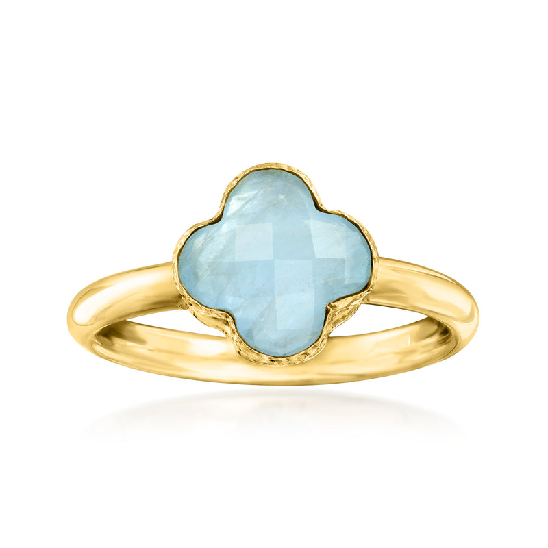 14kt yellow gold clover ring with light aquamarine oval gemstone