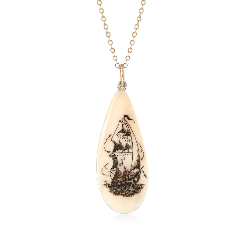 Vintage carved bone scrimshaw teardrop pendant necklace on 10kt yellow gold chain