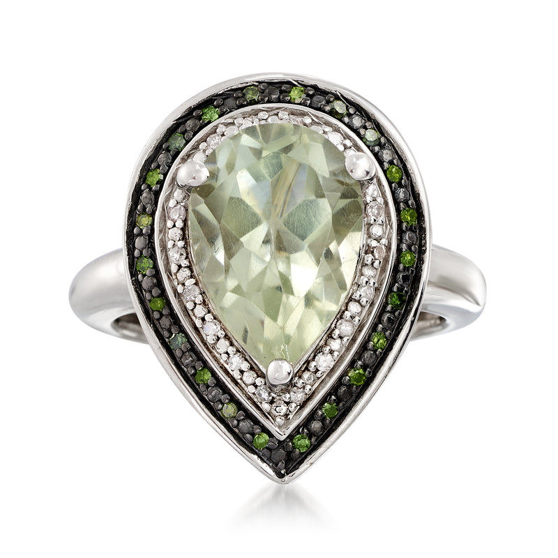 Sterling silver pear-shaped prasiolite ring with diamond halo and green accents