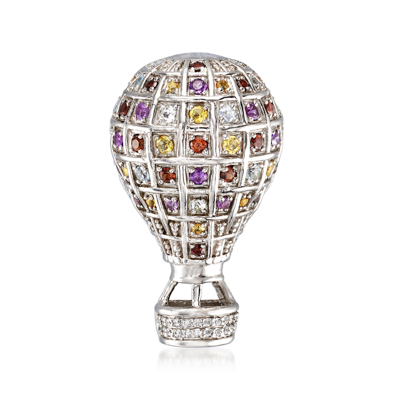 Sterling silver hot air balloon pin with multi-color gemstone grid and crystal accents